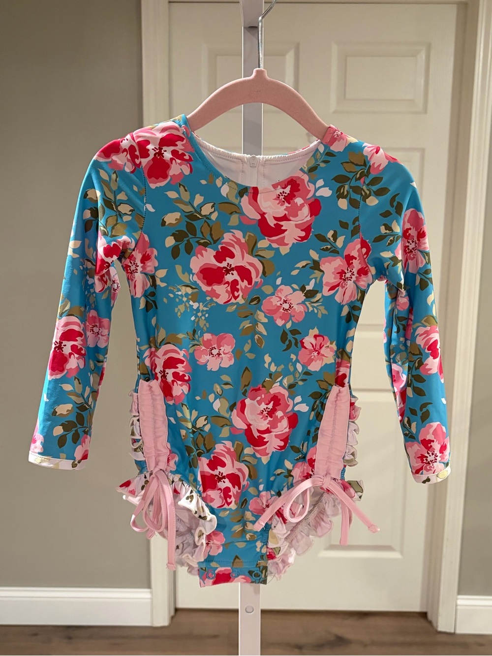 Sweet Honey Blue Floral Ruffle Toddler Kids One-Piece Swimsuit